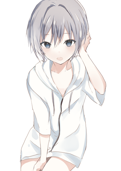 Anime picture 600x844 with yahari ore no seishun love comedy wa machigatteiru. brains base (studio) totsuka saika lpip single tall image looking at viewer blush fringe short hair open mouth simple background hair between eyes white background sitting payot silver hair from above wide sleeves :o