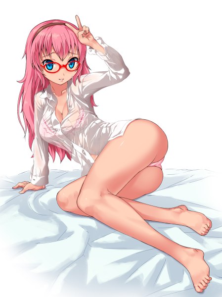 Anime picture 898x1200 with vocaloid megurine luka imazon single long hair tall image blue eyes light erotic pink hair barefoot bare legs girl underwear panties shirt glasses hairband