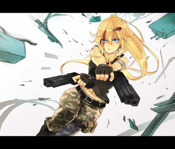 Anime picture 1500x1283 with original 8c single long hair fringe blue eyes ponytail letterboxed crossed arms fighting stance bleeding girl gloves navel hair ornament weapon black gloves boots belt hairclip
