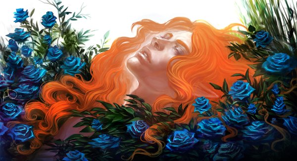 Anime picture 1280x698 with windside: necromance myar anndr (artist) single long hair wide image lying eyes closed orange hair wavy hair face boy flower (flowers) rose (roses) blue rose