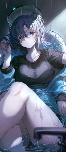 Anime picture 2597x6000 with blue archive yuuka (blue archive) yuuka (gym uniform) (blue archive) noubin single long hair tall image fringe highres breasts blue eyes light erotic hair between eyes blue hair looking away indoors from above blurry wet partially submerged
