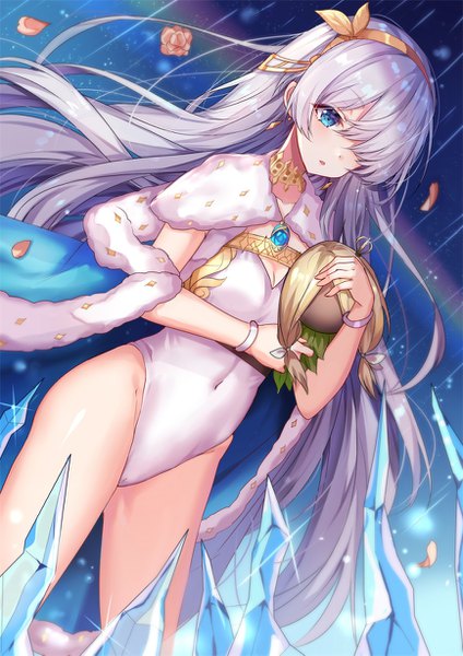 Anime picture 868x1227 with fate (series) fate/grand order anastasia (fate) viy (fate) shanguier single long hair tall image blush fringe breasts blue eyes light erotic standing holding cleavage silver hair parted lips hair over one eye dutch angle