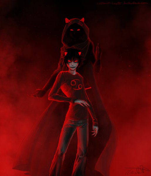 Anime picture 1500x1750 with homestuck karkat vantas the sufferer cresent-lunette tall image short hair black hair red eyes signed horn (horns) teeth grin glowing glowing eye (eyes) red background sharp teeth demon boy hood cape