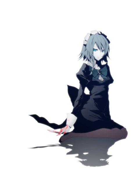 Anime picture 1000x1280 with touhou izayoi sakuya pizaya single tall image looking at viewer short hair blue eyes simple background white background sitting braid (braids) grey hair shadow maid girl dress bow weapon frills