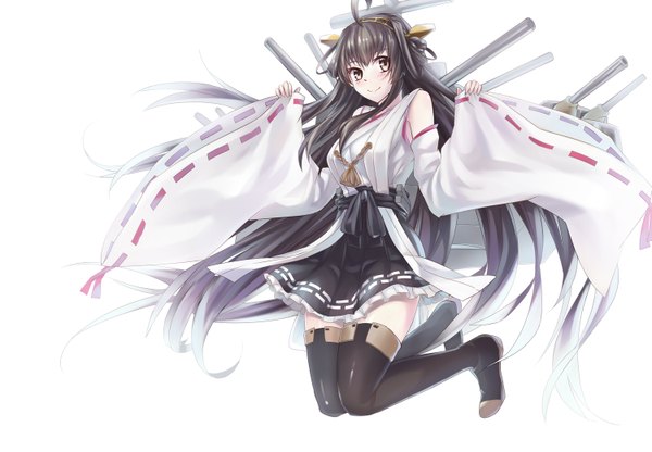 Anime picture 1500x1042 with kantai collection kongou battleship kamiljm single long hair blush black hair simple background smile white background brown eyes ahoge nontraditional miko girl hair ornament weapon detached sleeves thigh boots