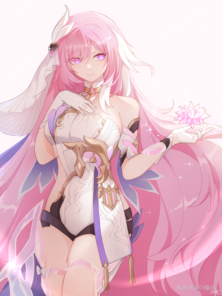 Anime picture 1620x2160 with honkai impact 3rd honkai (series) elysia (honkai impact) elysia (herrscher of human:ego) (honkai impact) xiaoandk single tall image looking at viewer fringe breasts simple background smile large breasts standing white background purple eyes bare shoulders pink hair very long hair hair over one eye