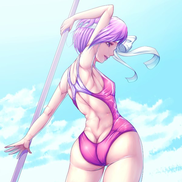 Anime picture 1199x1199 with fire emblem fire emblem: mystery of the emblem nintendo cecil (fire emblem) harihisa single short hair light erotic purple eyes sky purple hair cloud (clouds) ass from behind girl swimsuit