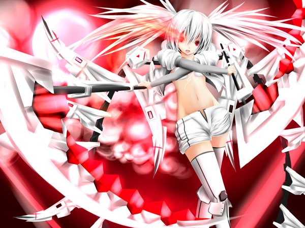 Anime picture 2362x1771 with black rock shooter white rock shooter long hair highres open mouth red eyes twintails white hair midriff glowing glowing eye (eyes) girl navel weapon shorts bikini top white shorts