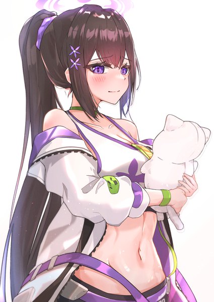 Anime picture 2508x3541 with blue archive sumire (blue archive) muteppona hito single long hair tall image looking at viewer blush fringe highres black hair simple background standing white background purple eyes bare shoulders holding payot ponytail hair flower