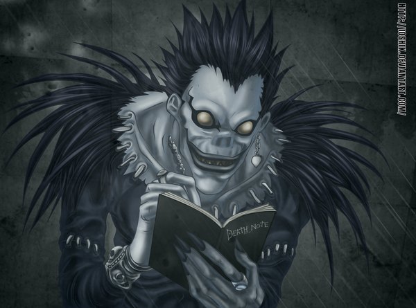 Anime picture 1346x1000 with death note madhouse ryuk ioshik single long hair short hair black hair smile yellow eyes teeth piercing coloring sharp teeth ring skull pen