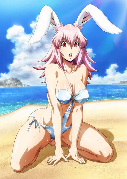 Anime picture 1062x1500 with killing bites inaba ui watanabe kazuo single long hair tall image blush fringe breasts open mouth light erotic hair between eyes red eyes large breasts bare shoulders animal ears payot pink hair sky cleavage
