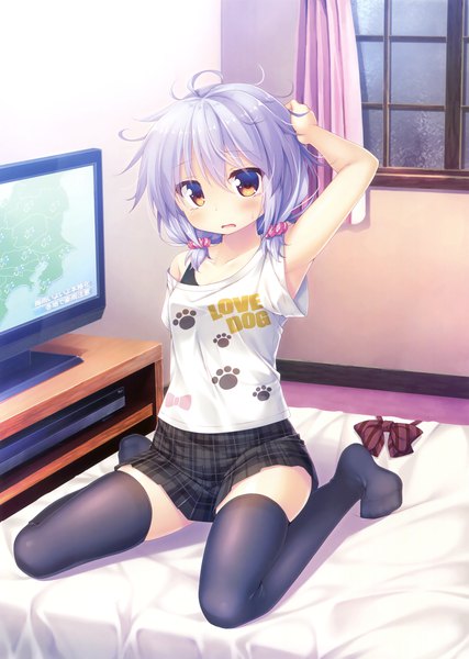 Anime picture 2494x3500 with original masaki kei single tall image blush highres short hair sitting twintails brown eyes purple hair low twintails wariza plaid skirt hand on head messy hair paw print girl thighhighs skirt