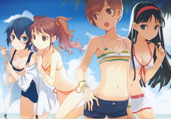 Anime picture 8590x5991 with persona 4 shin megami tensei persona kujikawa rise satonaka chie amagi yukiko shirogane naoto h2so4 long hair highres short hair light erotic multiple girls open clothes bare belly open shirt girl swimsuit bikini shirt