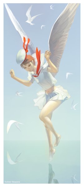 Anime picture 676x1500 with original takayama toshiaki single tall image short hair simple background smile brown hair brown eyes signed barefoot border looking down reflection spread arms blue background white wings girl animal wings