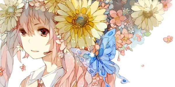 Anime picture 1280x640 with vocaloid hatsune miku xiaohan single long hair open mouth simple background smile wide image twintails pink hair pink eyes hair flower alternate color girl hair ornament flower (flowers) petals insect butterfly