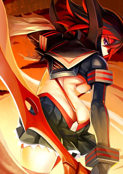 Anime picture 1200x1696 with kill la kill studio trigger matoi ryuuko senketsu iorlvm single tall image looking at viewer short hair breasts light erotic purple eyes ass profile looking back multicolored hair two-tone hair sideboob underboob colored inner hair