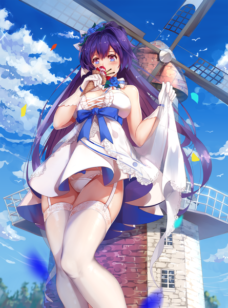 Anime picture 2000x2694 with benghuai xueyuan honkai (series) raiden mei raiden mei (aeterba purum) zombie-andy single long hair tall image looking at viewer blush fringe highres breasts light erotic hair between eyes large breasts standing purple eyes sky purple hair