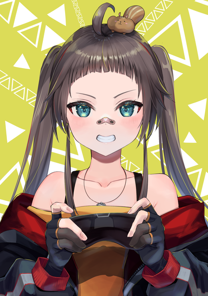 Anime picture 1765x2508 with virtual youtuber hololive natsuiro matsuri matsurisu natsuiro matsuri (6th costume) pi tayuko single long hair tall image looking at viewer highres smile brown hair twintails upper body ahoge aqua eyes grin official alternate costume animal on head