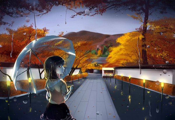 Anime picture 2952x2031 with original baijin poison single fringe highres short hair black hair standing holding brown eyes sky from behind back rain mountain autumn transparent umbrella girl skirt plant (plants)