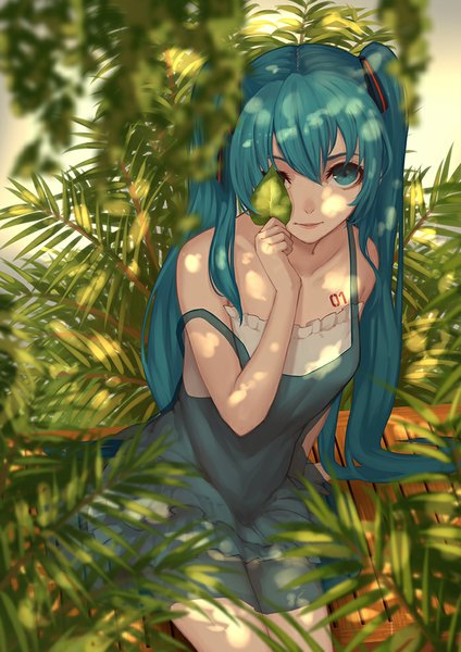 Anime picture 698x987 with vocaloid hatsune miku whitem (whiteemperor2020) single tall image looking at viewer fringe smile twintails bare shoulders very long hair aqua eyes sunlight aqua hair no bra bare legs tattoo sleeveless covering covering eye (eyes)