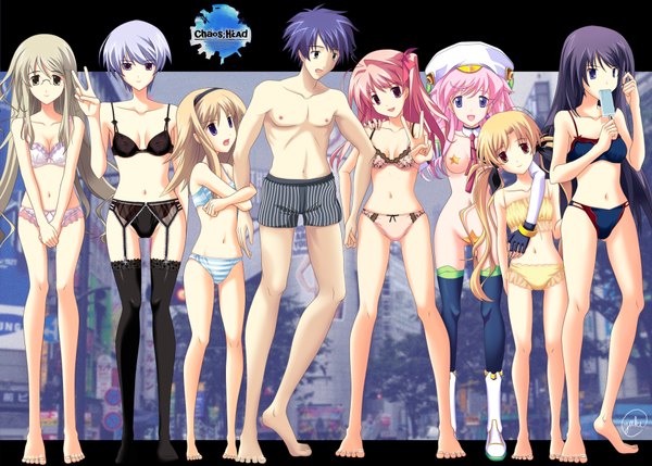 Anime picture 1818x1300 with chaos;head sakihata rimi nishijou nanami kishimoto ayase aoi sena orihara kozue kusonoki yua nishijou takumi orgel seira yukihanaok long hair highres short hair breasts blue eyes blonde hair purple eyes multiple girls brown eyes green eyes