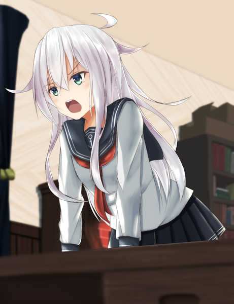 Anime picture 1061x1381 with kantai collection hibiki destroyer risokaso single long hair tall image blush fringe open mouth blue eyes hair between eyes silver hair ahoge indoors arm support :o leaning leaning forward angry messy hair