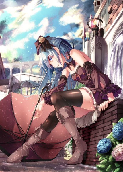 Anime picture 1101x1539 with original lee-chan (saraki) saraki single long hair tall image fringe breasts open mouth smile hair between eyes sitting bare shoulders holding blue hair sky cloud (clouds) full body bent knee (knees) outdoors