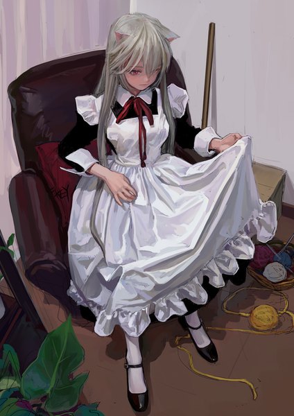 Anime picture 1000x1415 with original feiqizi (fkey) fkey single long hair tall image fringe hair between eyes sitting holding signed animal ears payot looking away full body indoors long sleeves pink eyes from above grey hair