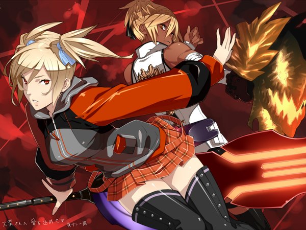 Anime picture 1920x1440 with god eater ufotable highres blonde hair red eyes twintails yellow eyes inscription orange eyes back dark skin plaid skirt short twintails red background muscle plaid girl uniform ribbon (ribbons) weapon