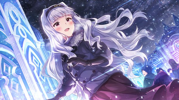 Anime picture 1282x722 with idolmaster idolmaster million live! idolmaster million live! theater days shijou takane long hair blush fringe open mouth wide image purple eyes looking away silver hair blunt bangs wind dutch angle fur trim snowing solo focus exhalation girl