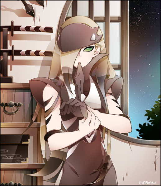 Anime picture 750x870 with katanagatari white fox maniwa kuizame marimo (pixiv11514954) single long hair tall image fringe brown hair standing holding green eyes signed upper body indoors multicolored hair hair over one eye night shadow tattoo