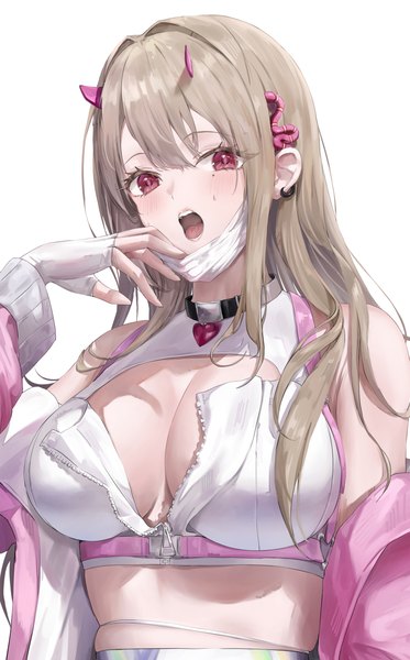 Anime picture 2544x4096 with goddess of victory: nikke viper (nikke) renge (730) single long hair tall image looking at viewer fringe highres breasts open mouth light erotic simple background blonde hair hair between eyes red eyes large breasts white background upper body skindentation