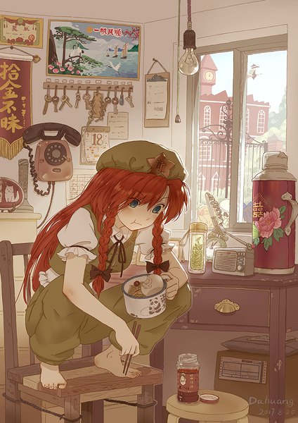 Anime picture 800x1131 with touhou kirisame marisa hong meiling star sapphire luna child sunny milk dahuang long hair tall image fringe blue eyes hair between eyes red hair indoors braid (braids) puffy sleeves twin braids looking down squat girl