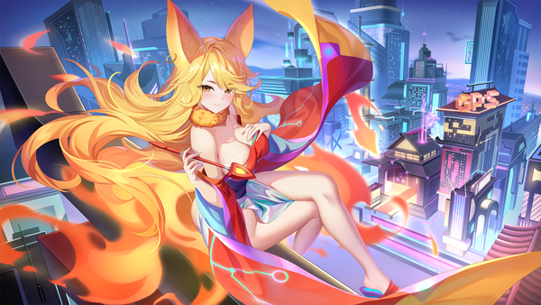 Anime-Bild 2400x1350 mit original yue xiao e single long hair looking at viewer blush fringe highres breasts light erotic blonde hair smile hair between eyes wide image large breasts sitting holding animal ears yellow eyes cleavage