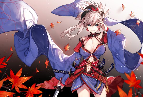 Anime picture 1529x1039 with fate (series) fate/grand order miyamoto musashi (fate) hanagata single long hair looking at viewer fringe breasts blue eyes light erotic hair between eyes holding signed cleavage silver hair light smile wind wide sleeves gradient background