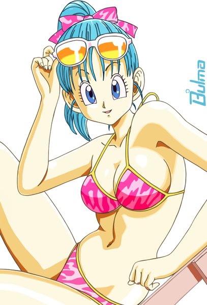 Anime picture 1024x1507 with dragon ball bulma single tall image short hair breasts blue eyes light erotic white background sitting blue hair ponytail inscription adjusting sunglasses girl navel hair ornament bow swimsuit hair bow