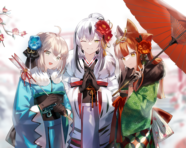 Anime picture 1500x1200 with fate (series) fate/grand order okita souji (fate) (all) okita souji (koha-ace) nagao kagetora (fate) izumo no okuni (fate) grape (pixiv27523889) long hair short hair open mouth blonde hair multiple girls yellow eyes silver hair ahoge traditional clothes :d japanese clothes one eye closed multicolored hair