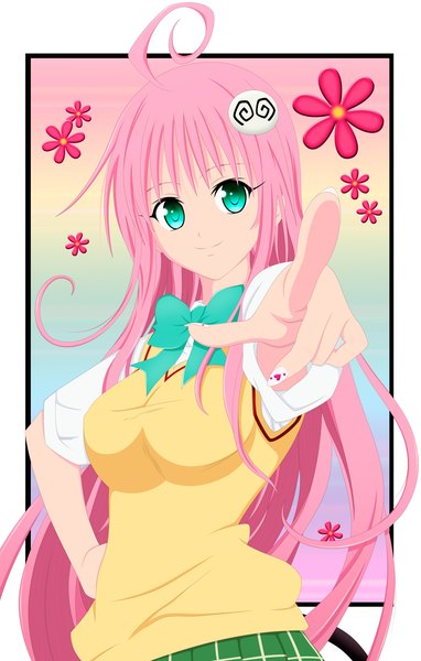 Anime picture 1507x2362 with toloveru xebec lala satalin deviluke panzoom single long hair tall image smile green eyes pink hair ahoge hand on hip coloring vector pointing girl uniform hair ornament bow hair bow
