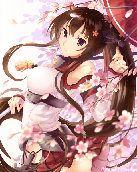 Anime picture 750x937 with kantai collection yamato super battleship kyuri tizu single long hair tall image fringe breasts light erotic smile brown hair large breasts standing bare shoulders brown eyes ponytail pleated skirt hair flower wind cherry blossoms