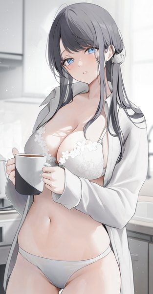 Anime picture 1500x2879 with original 2sham single long hair tall image looking at viewer fringe breasts blue eyes light erotic black hair large breasts standing holding indoors blunt bangs long sleeves parted lips head tilt groin