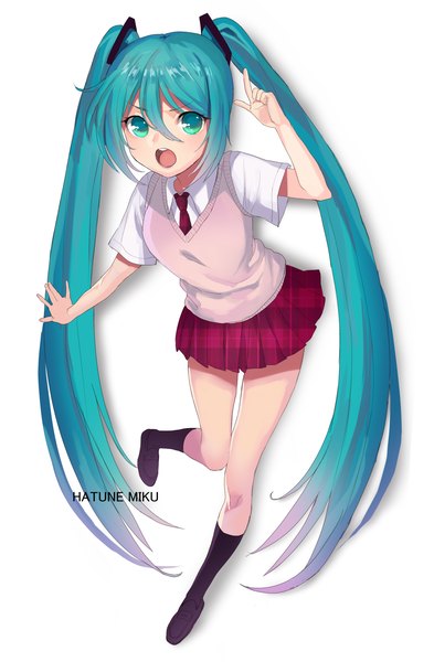Anime picture 1160x1770 with vocaloid hatsune miku elizabeth (erika123) single tall image looking at viewer open mouth simple background white background twintails very long hair aqua eyes aqua hair girl skirt hair ornament socks black socks