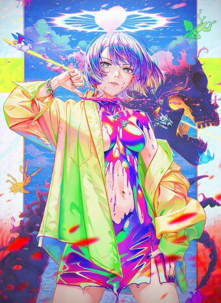Anime picture 4096x5605 with original arata yokoyama single tall image looking at viewer highres short hair breasts light erotic standing absurdres purple hair nail polish parted lips multicolored hair arm up aqua eyes fingernails off shoulder open jacket