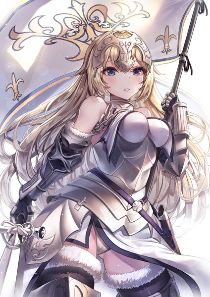 Anime picture 2100x2970 with fate (series) fate/grand order jeanne d'arc (fate) (all) jeanne d'arc (fate) mecha (alswp) single long hair tall image looking at viewer blush fringe highres breasts blue eyes light erotic simple background blonde hair hair between eyes large breasts standing