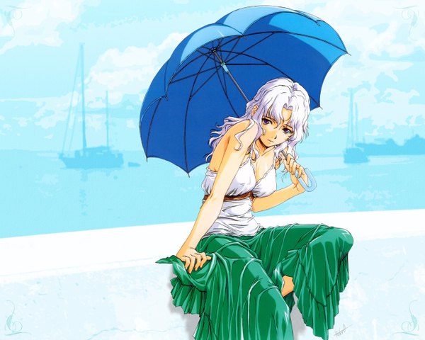 Anime picture 1280x1024 with horibe hiderou white hair sea umbrella pier