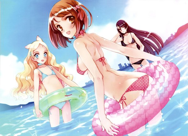 Anime picture 4086x2962 with seiken no faeries littlewitch kuzumi chizuru ingrid (seiken no faeries) kobanakawa yuri oyari ashito long hair highres short hair breasts open mouth blue eyes light erotic black hair blonde hair brown hair multiple girls brown eyes animal ears sky