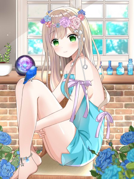 Anime picture 900x1200 with original ryoutan single long hair tall image looking at viewer blush fringe breasts light erotic blonde hair smile hair between eyes sitting bare shoulders green eyes payot full body bent knee (knees) indoors