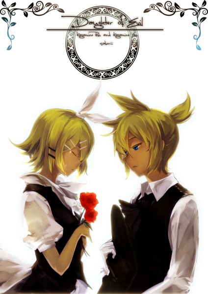 Anime picture 2480x3508 with vocaloid story of evil (vocaloid) kagamine rin kagamine len saberiii tall image fringe highres short hair blue eyes white background ponytail eyes closed profile tears crying twins sad girl boy