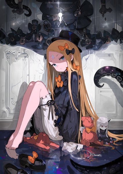 Anime picture 2300x3254 with fate (series) fate/grand order abigail williams (fate) lavinia whateley (fate/grand order) alchemaniac single tall image looking at viewer highres blue eyes blonde hair sitting very long hair barefoot reflection shaded face shoes removed girl bow hair bow