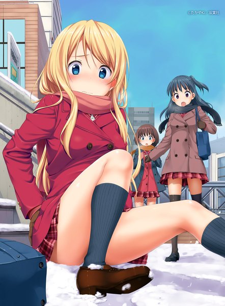 Anime picture 885x1200 with original takayaki long hair tall image blush short hair open mouth blue eyes black hair blonde hair brown hair multiple girls brown eyes sky winter snow falling convenient leg girl thighhighs