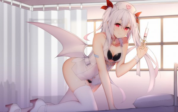 Anime picture 6315x3968 with azur lane vampire (azur lane) vampire (little devil in white) (azur lane) taitai single long hair looking at viewer blush fringe highres breasts light erotic hair between eyes red eyes twintails payot absurdres cleavage full body white hair